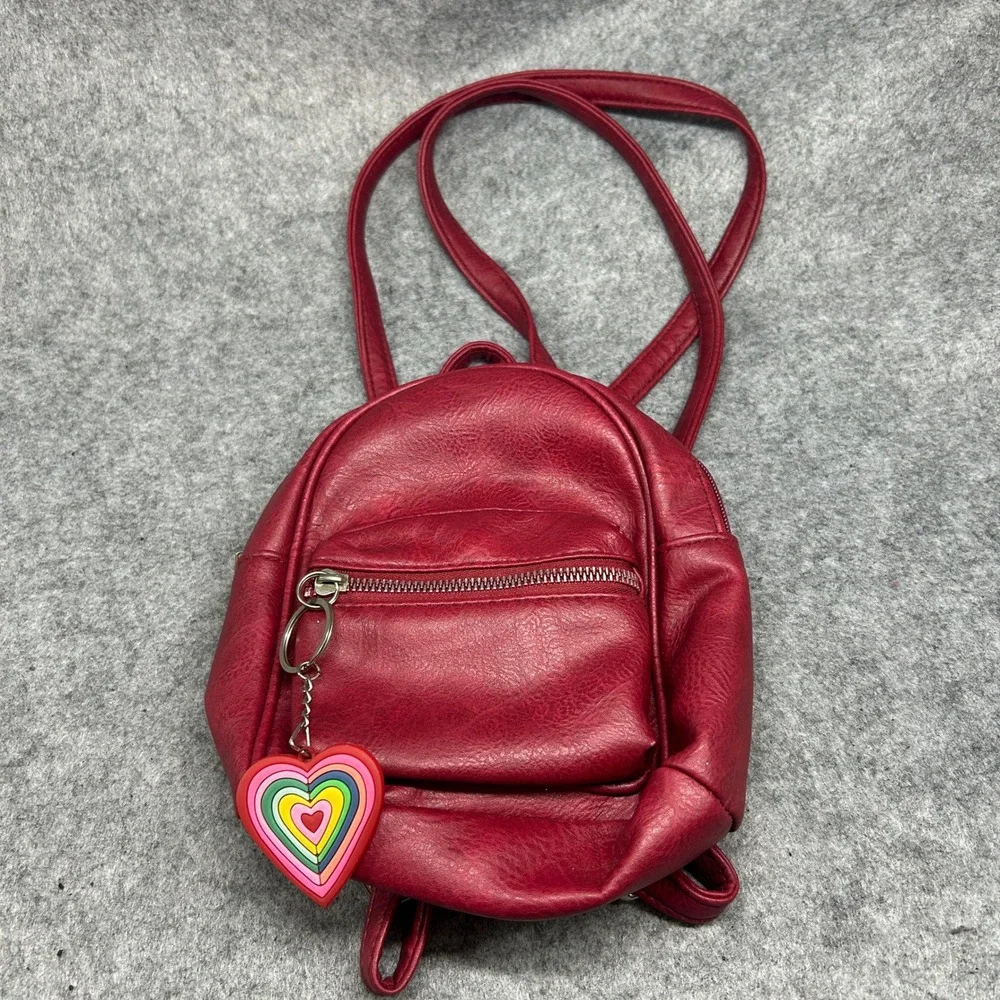 Unbranded Women Mini Backpack Small Red Faux Leather Rainbow Heart Charm